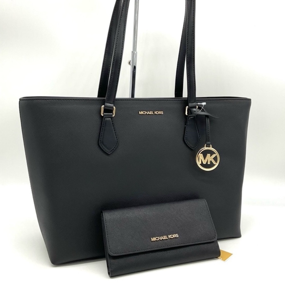 Michael Kors Bag Large Sheila Mf Tote Bag & Large Trifold Wallet Black/Gold